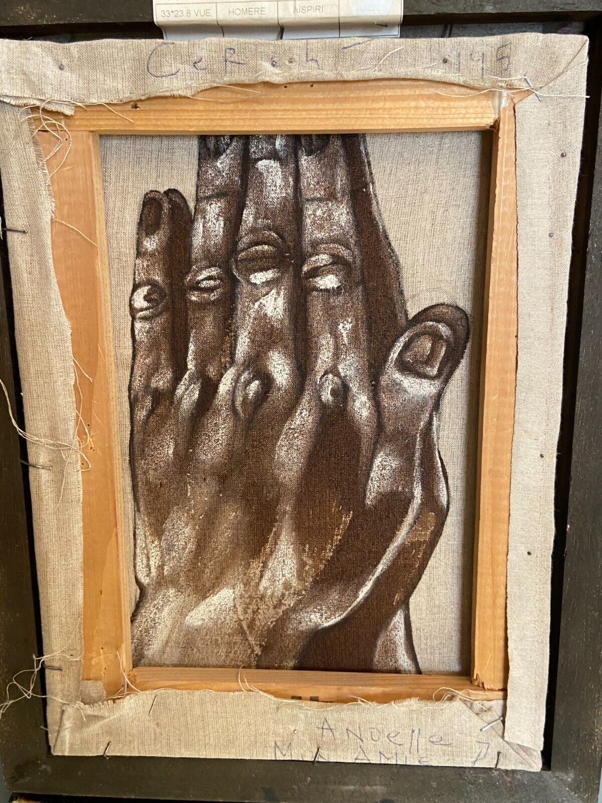 Mixed media on canvas academic study with a two-sided hand