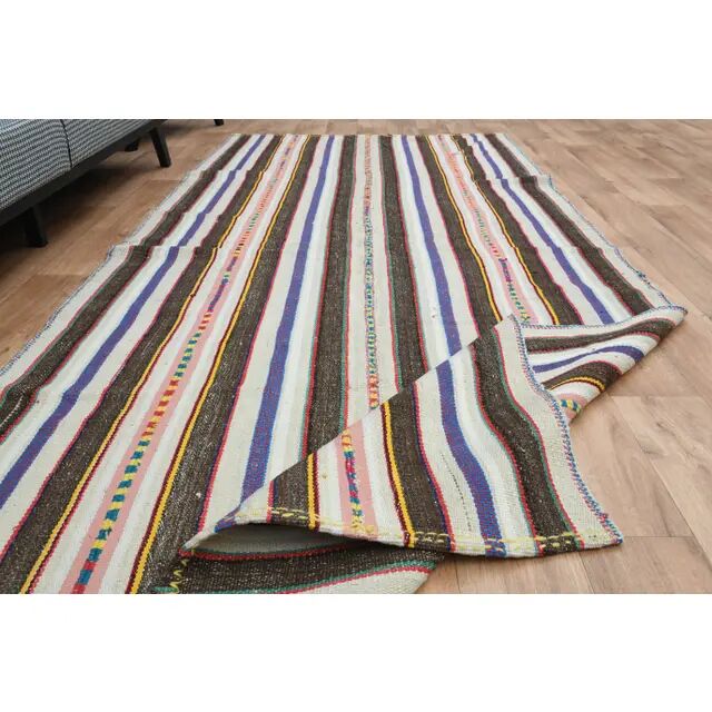 Turkish Vintage Striped Brown Blue Kilim Runner Rug 145x324
