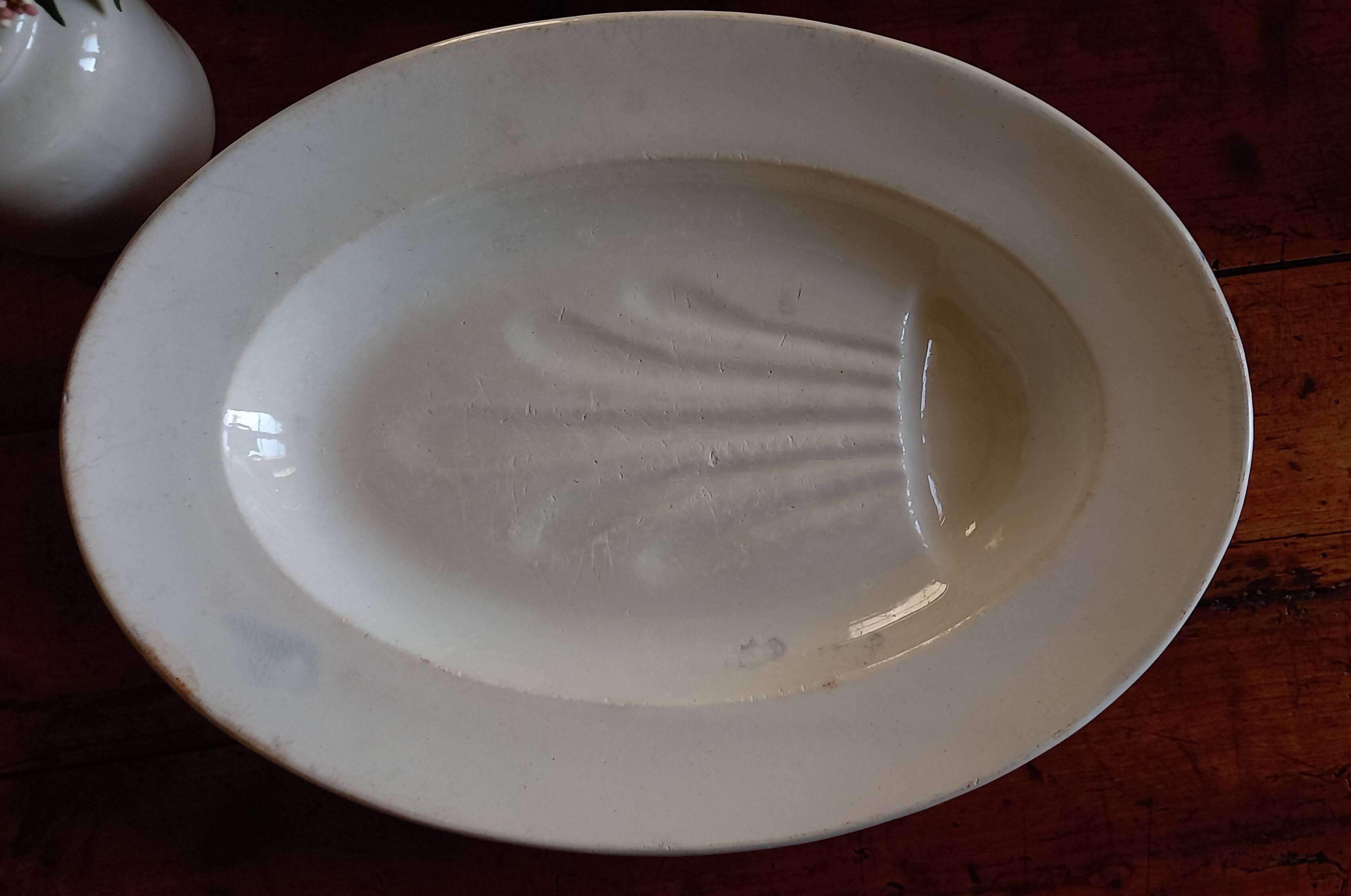 Antique asparagus dish, large 19th century oval earthenware dish D. JOHNSTON & J. VIEILLARD BORDEAUX