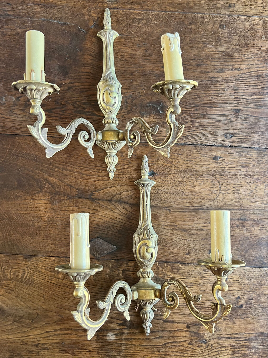 Pair of antique bronze double fire sconces - art nouveau