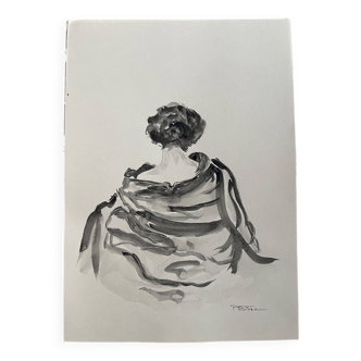 Tableau signé aquarelle monochrome noire portrait féminin « le châle »