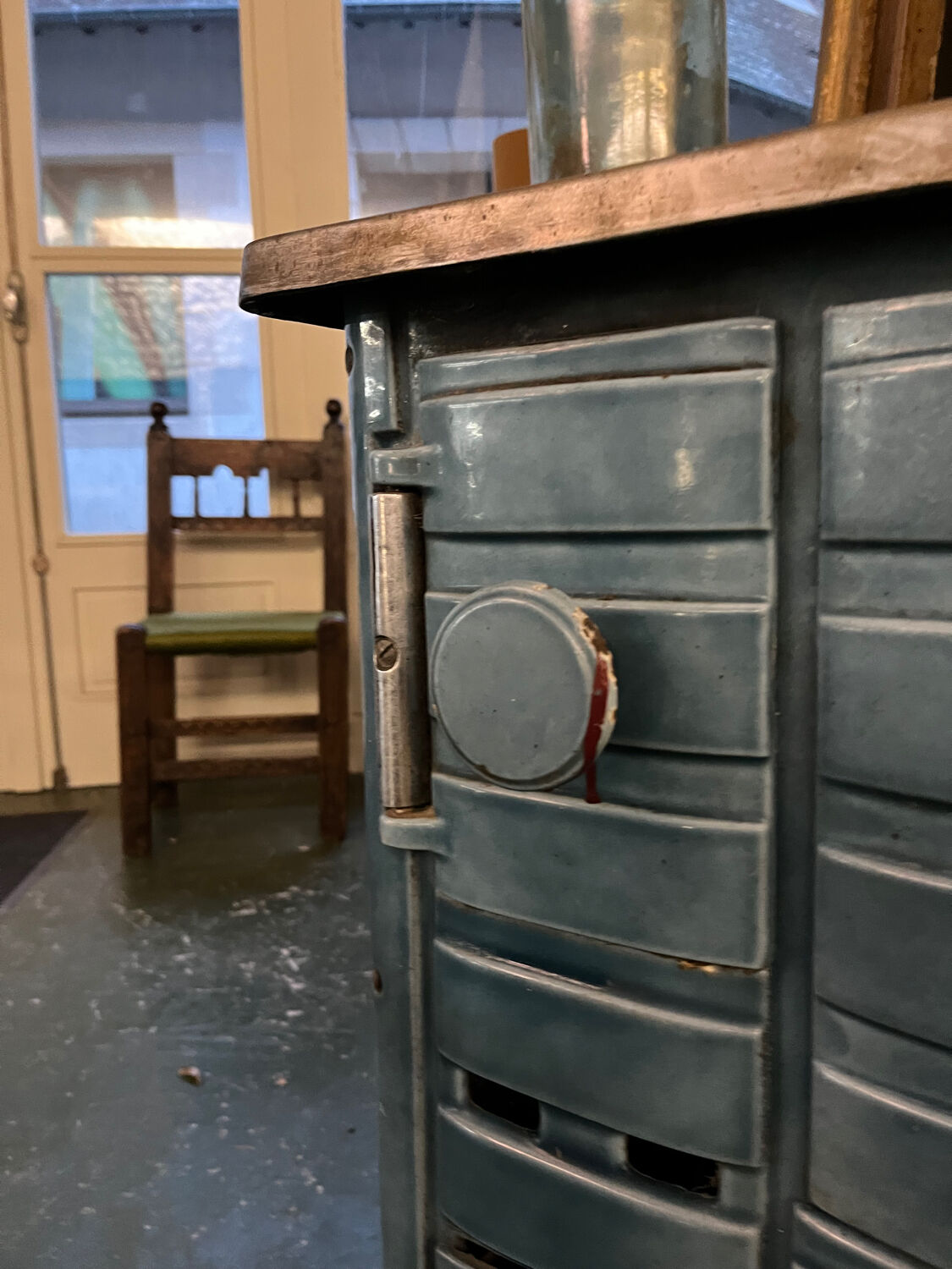 Small enamelled cast iron wood stove