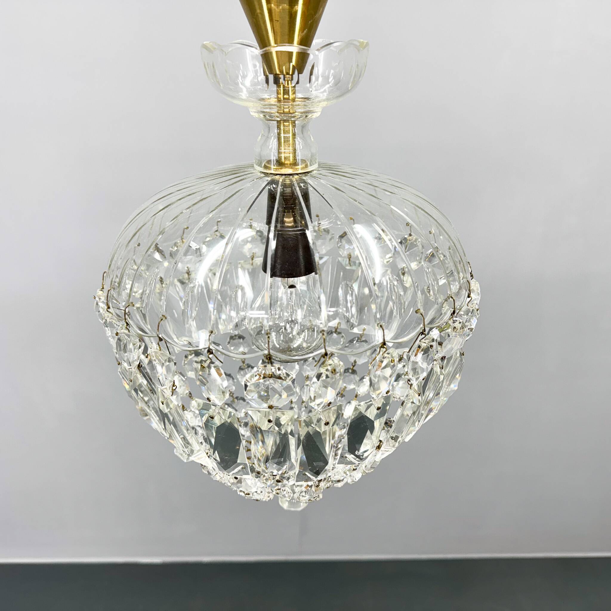 Mid Century Crystal & Brass Chandelier, Czechoslovakia