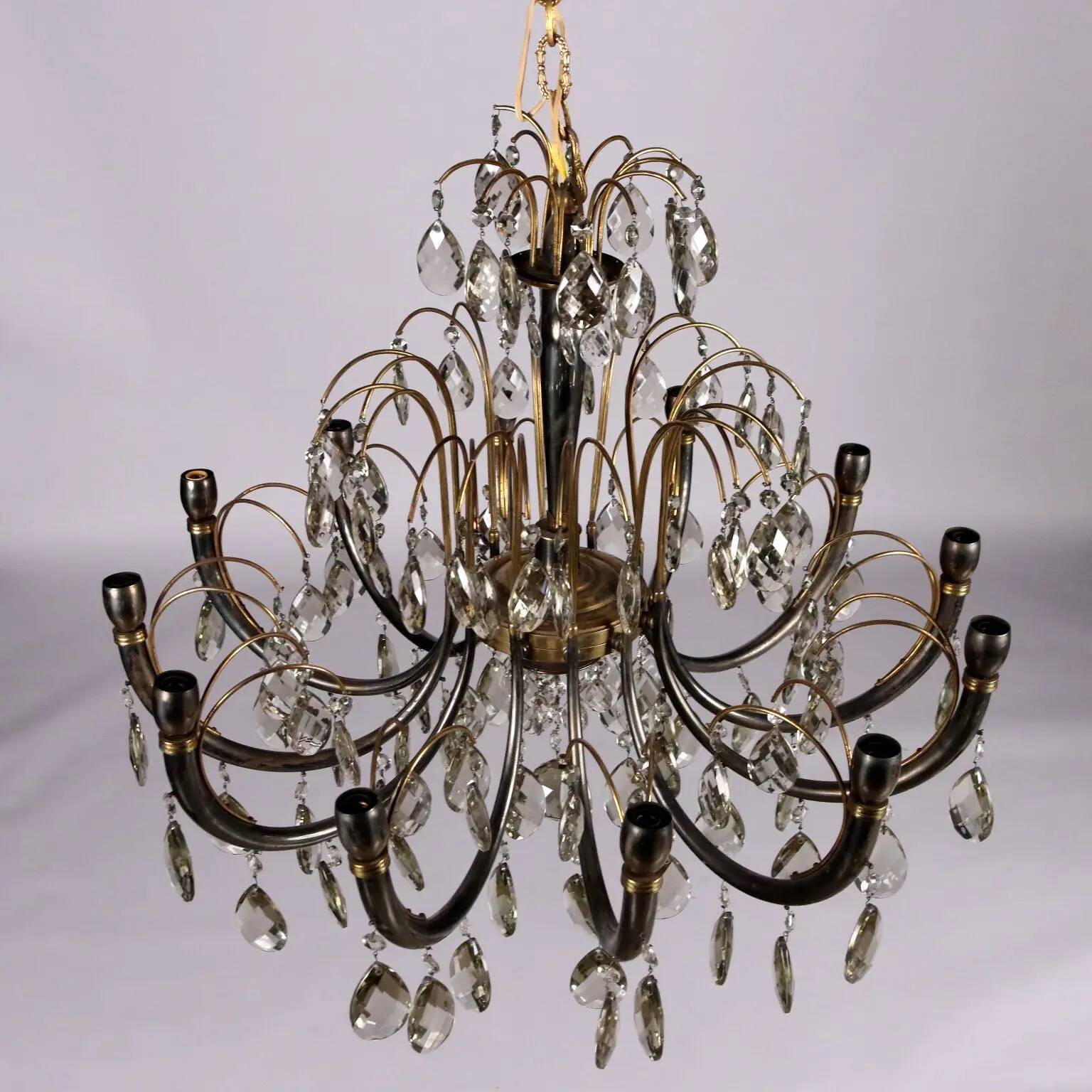 Antique brass and crystal chandelier, Italy, 1930s-40s.
