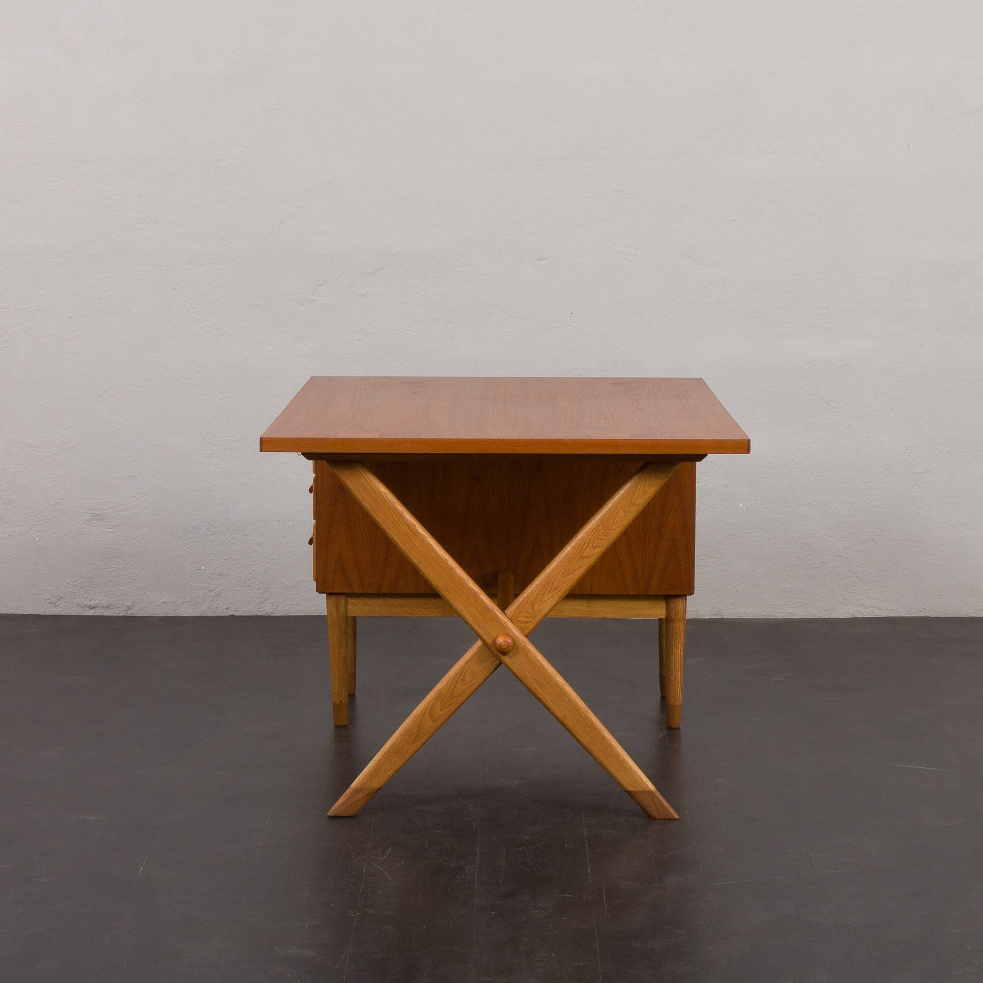 Teak and oak double-sided desk with X-shaped legs