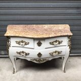 Curved chest of drawers white patina above marble louis XV style