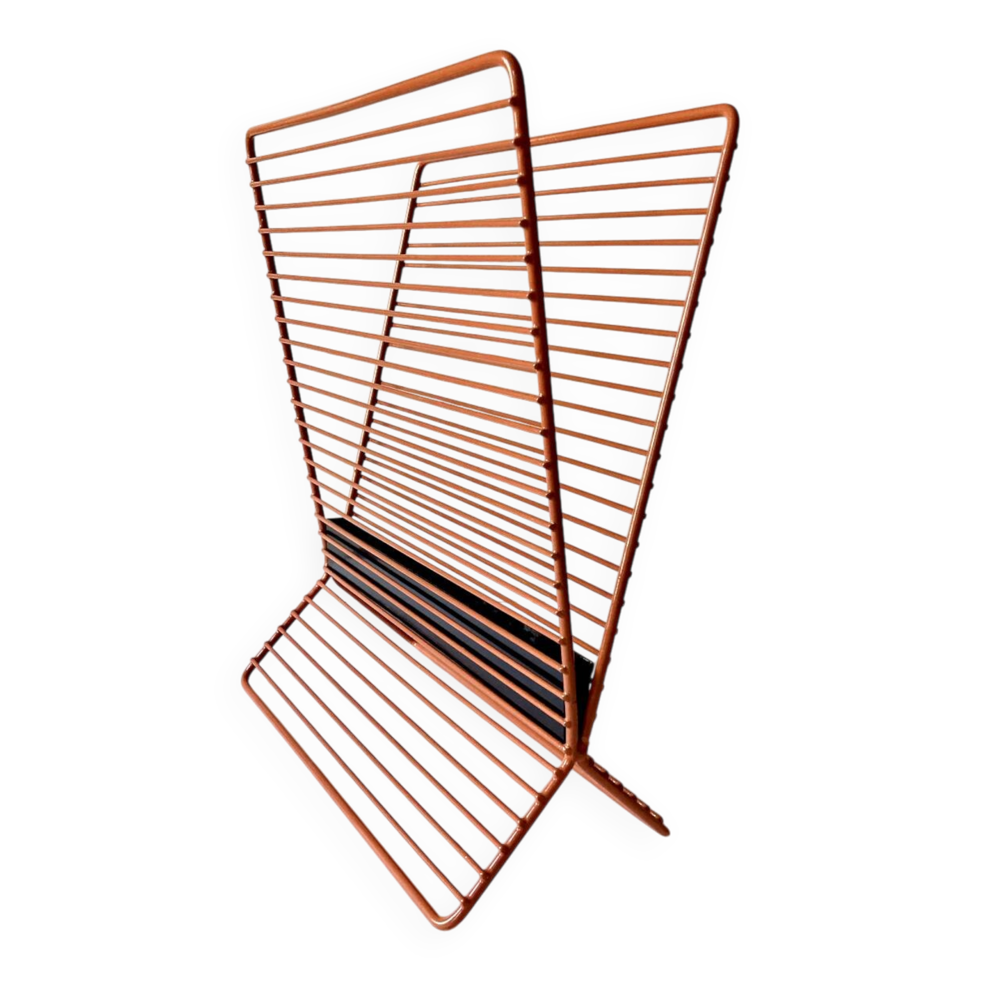 Wire metal magazine rack with triangular compartment, 1950s.