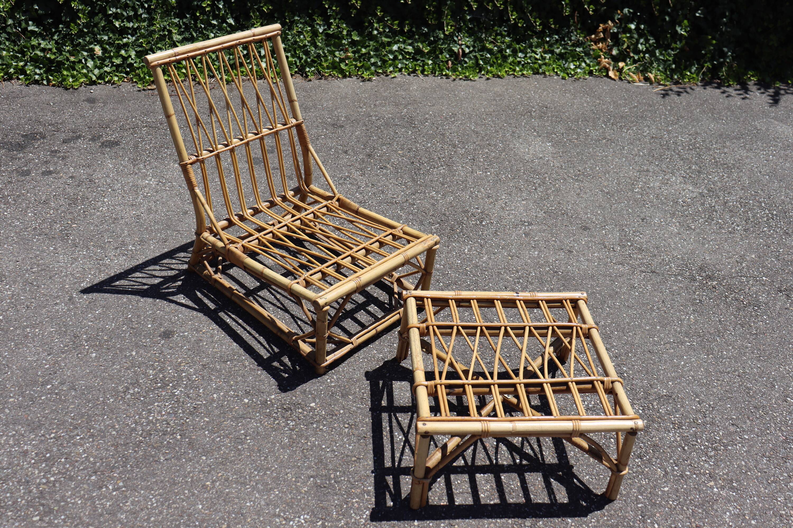Rattan armchair and its footrest by Audoux & Minet 1950