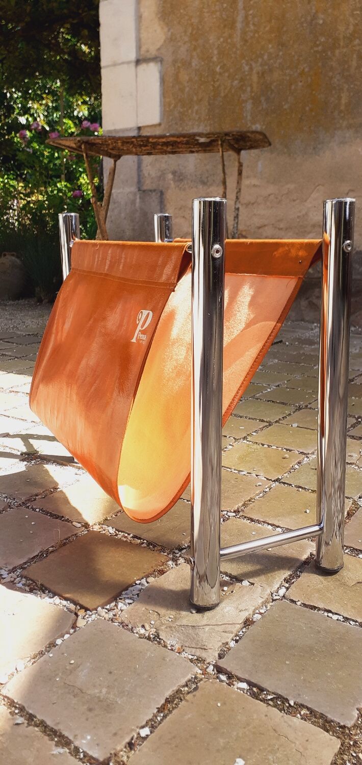 Vintage magazine holder from the 70s chrome metal and tan imitation leather