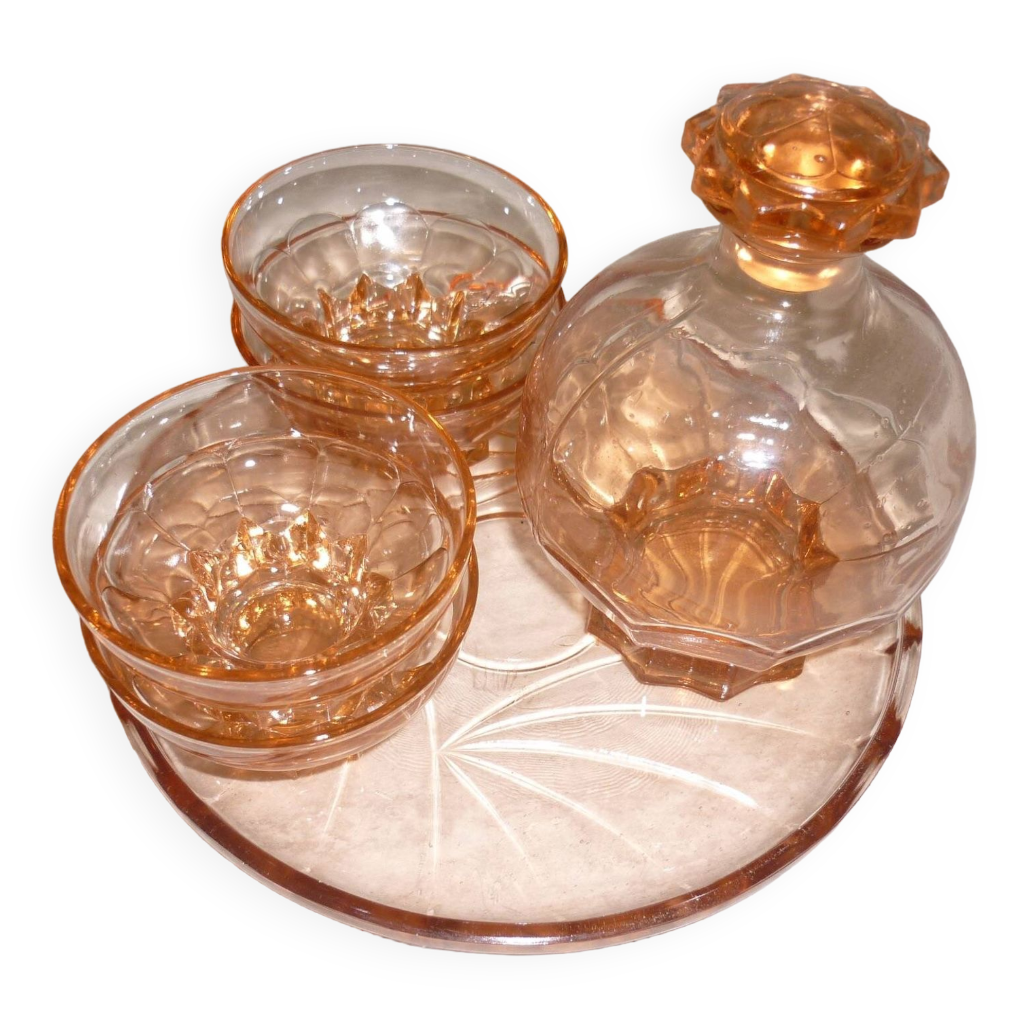 Art deco liqueur service in pink transparent glass with stopper