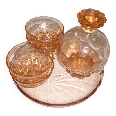 Service à liqueur art déco en verre transparent rose avec bouchon