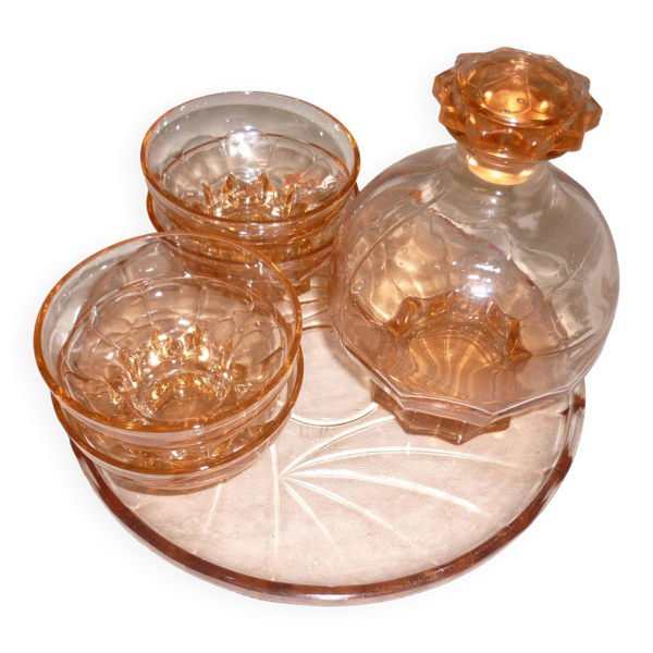 Service à liqueur art déco en verre transparent rose avec bouchon