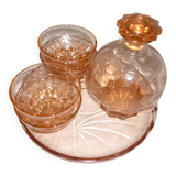 Service à liqueur art déco en verre transparent rose avec bouchon