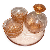 Service à liqueur art déco en verre transparent rose avec bouchon