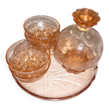 Service à liqueur art déco en verre transparent rose avec bouchon
