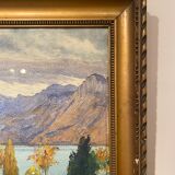 Old painting, landscape of a Swiss lake, signed A Bezencon, dated 1921