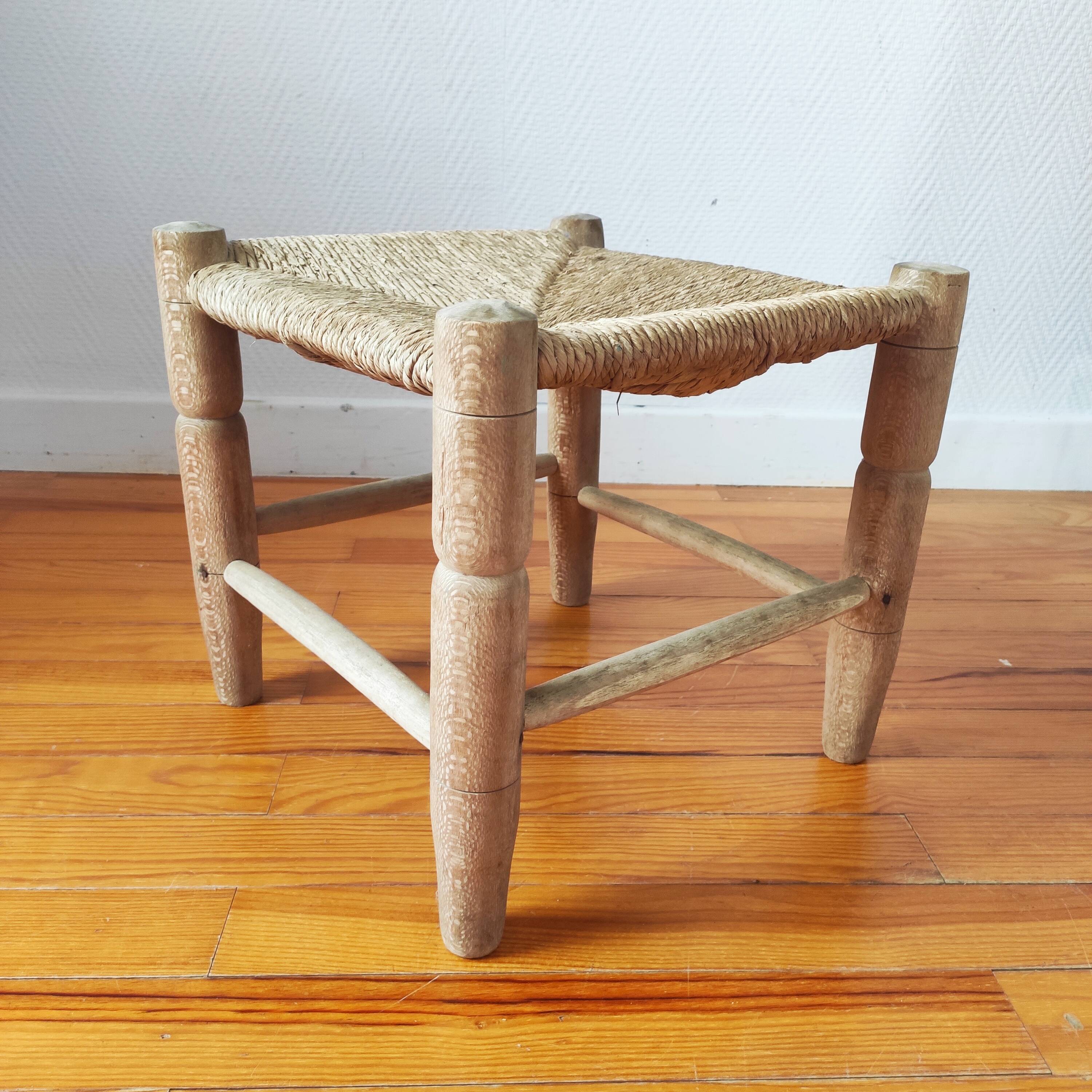 Vintage low stool 60s straw seat