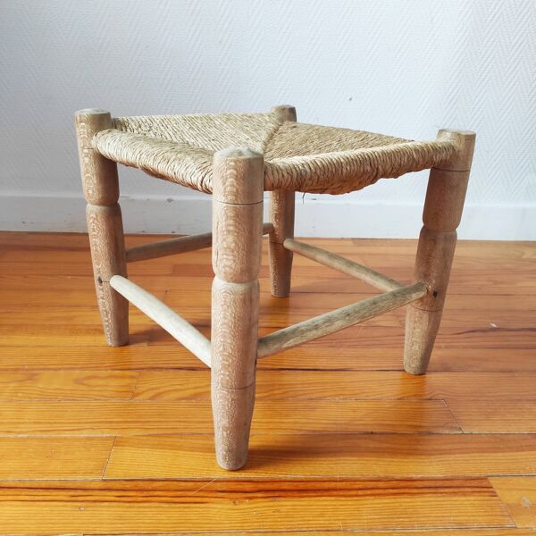 Tabouret bas vintage 60 assise en paille