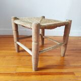 Vintage low stool 60s straw seat