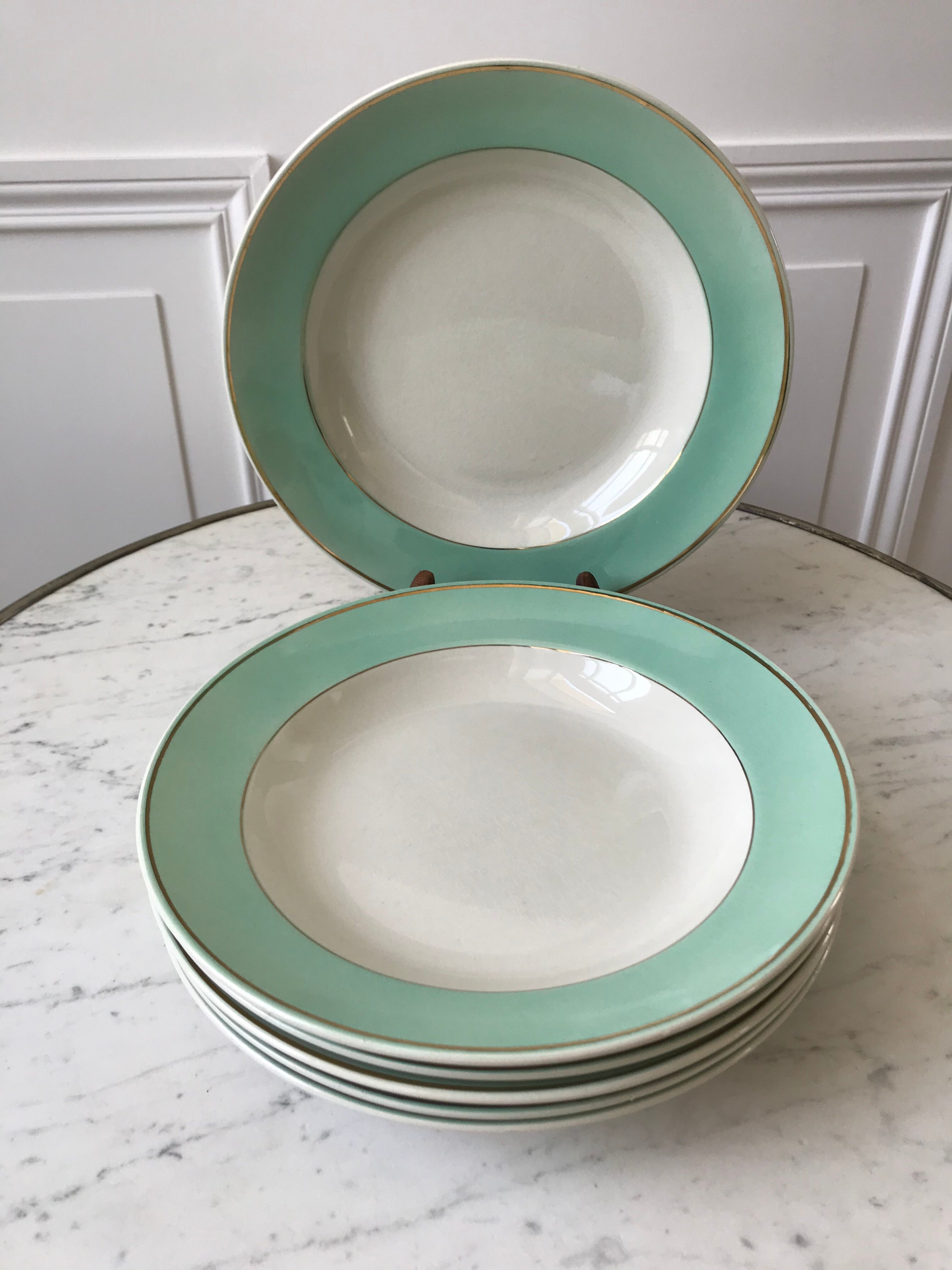 Lot de 6 assiettes creuses Longchamp couleur Céladon années 50