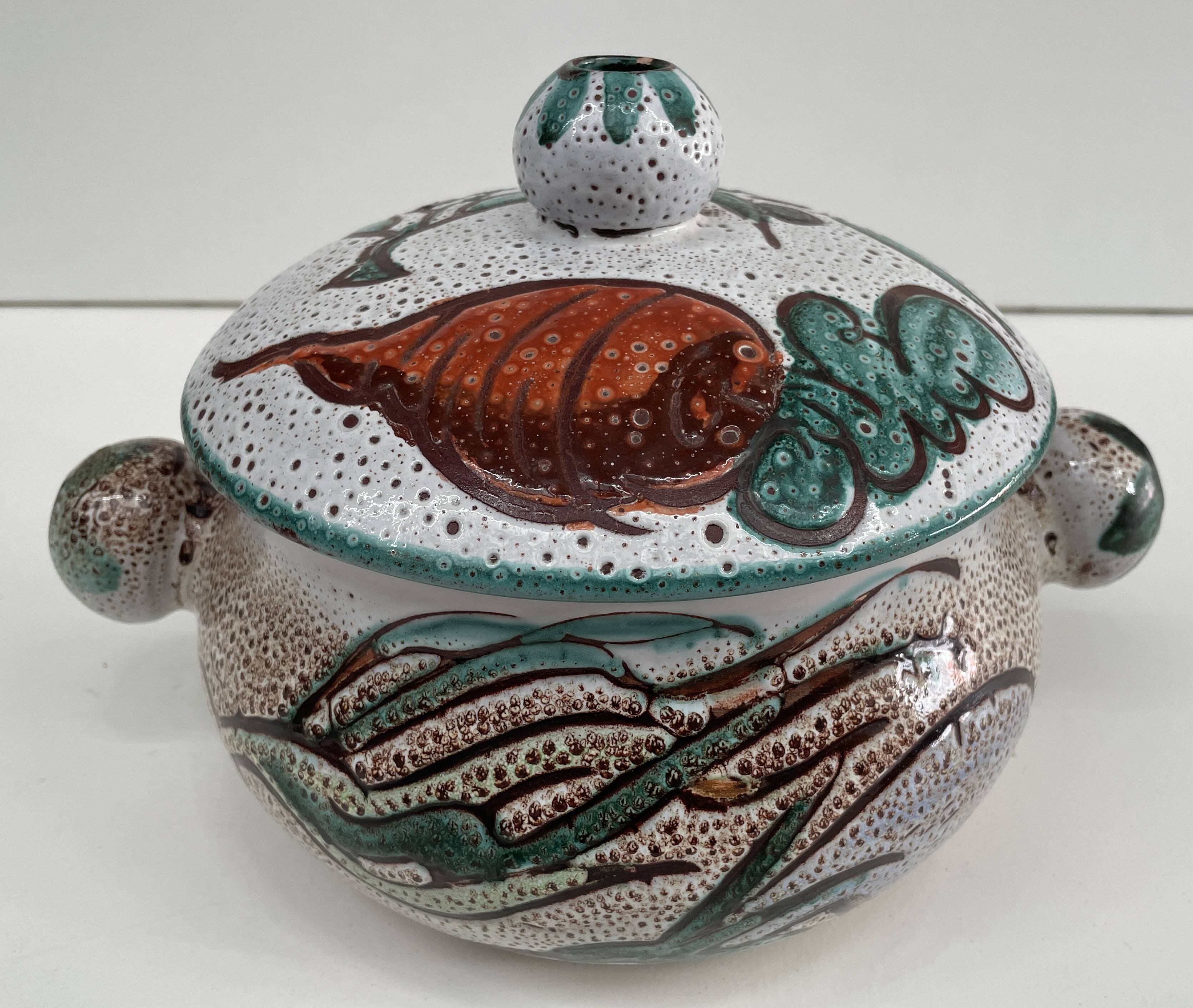 Large glazed and coloured ceramic soup tureen - Vallauris