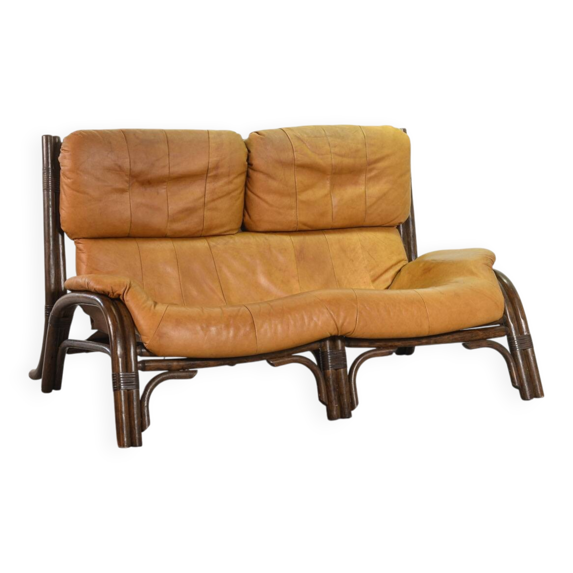 Brutalist Bentwood Love Seat Bamboo Sofa w. Caramel Leather Upholstery, 60s