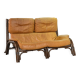 Brutalist Bentwood Love Seat Bamboo Sofa w. Caramel Leather Upholstery, 60s