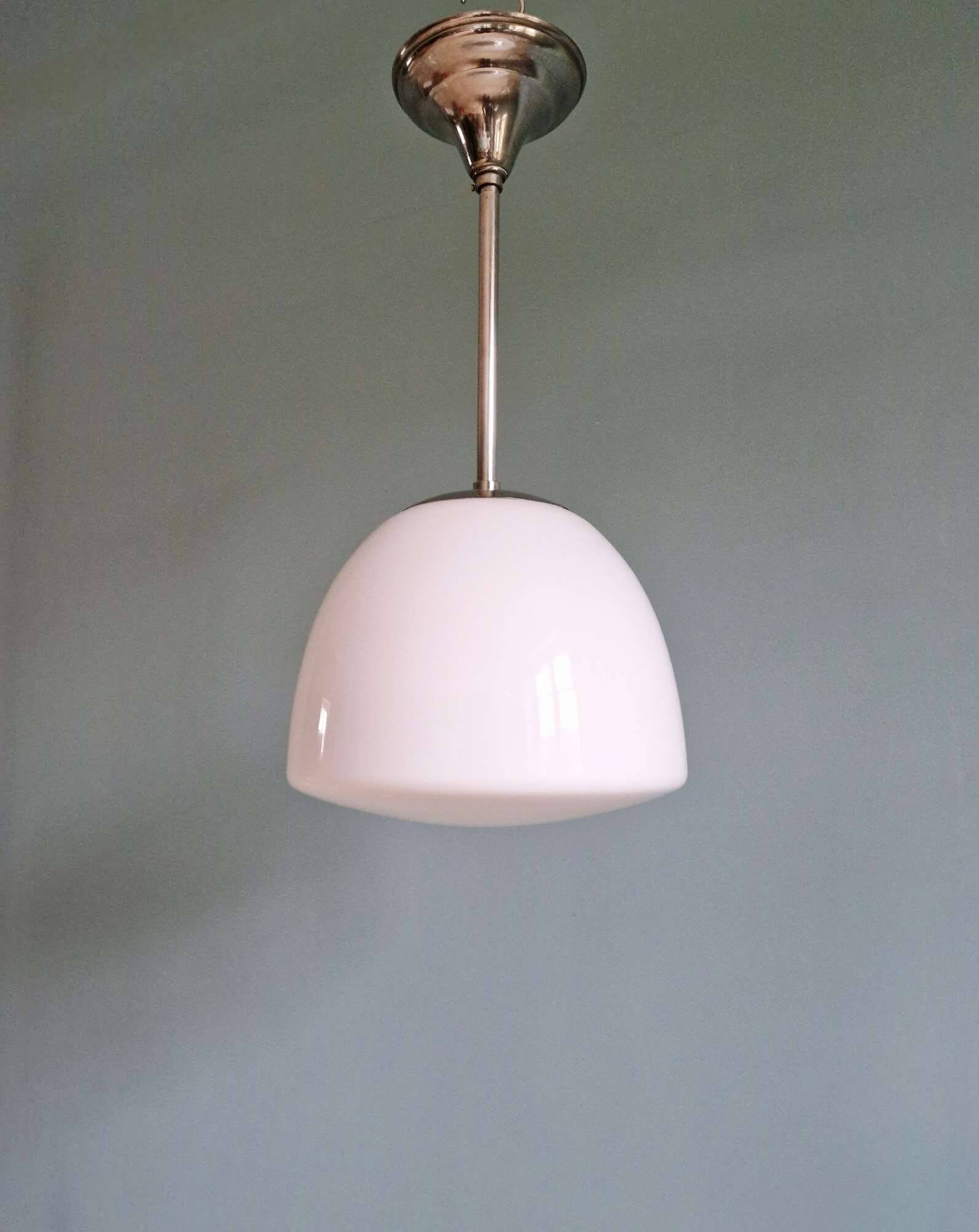 Art Deco pendant light in white opaline glass with chrome frame, 1920-30