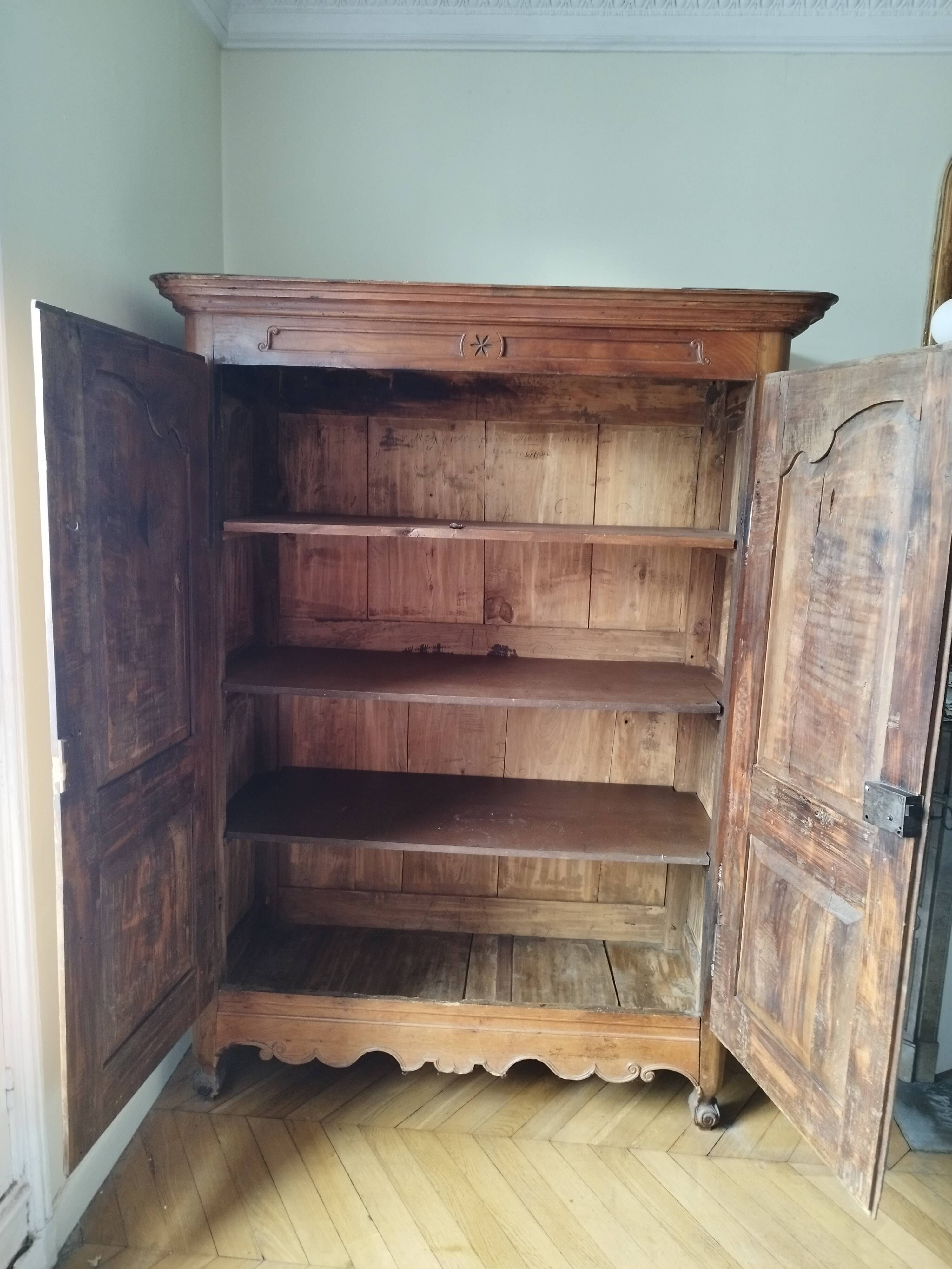 18th century fruitwood cabinet with original inscription