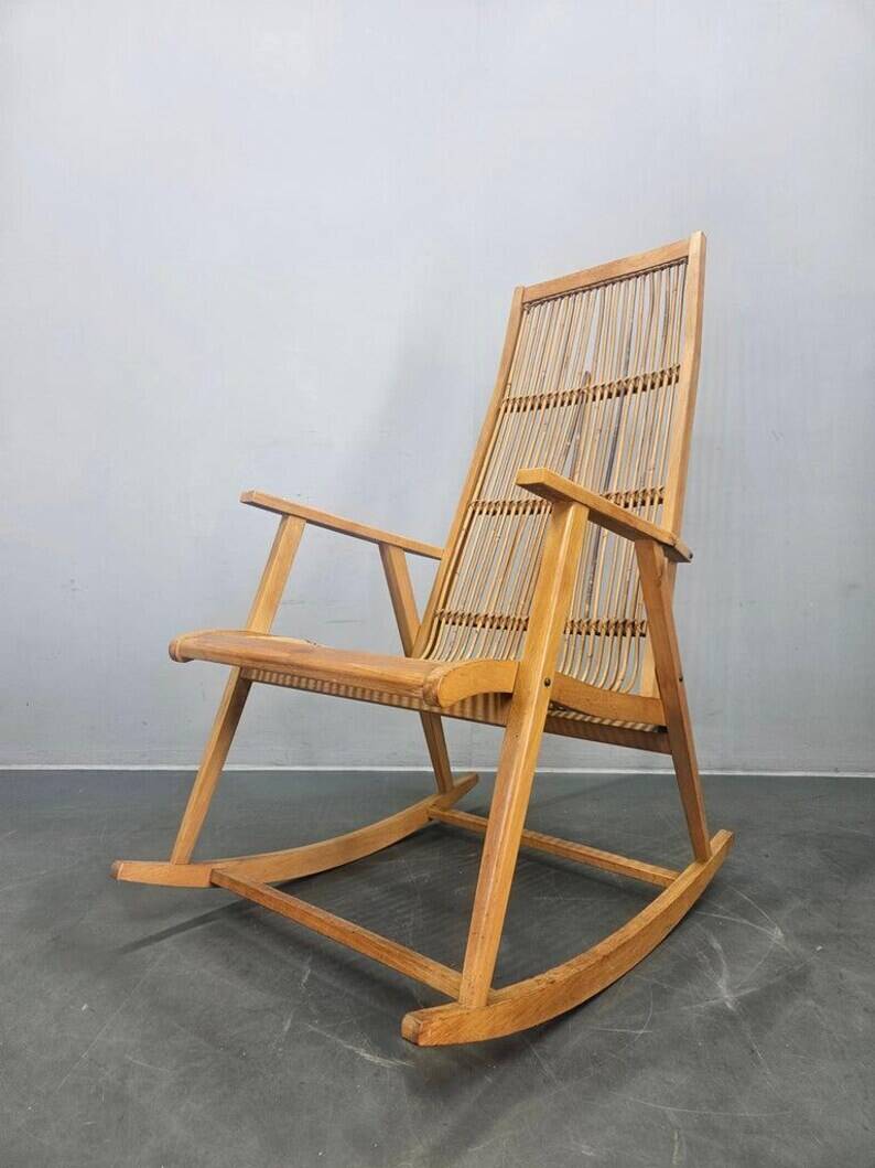 Rare Midcentury Wood and Rattan Rocking Chair, Denmark, 1960s
