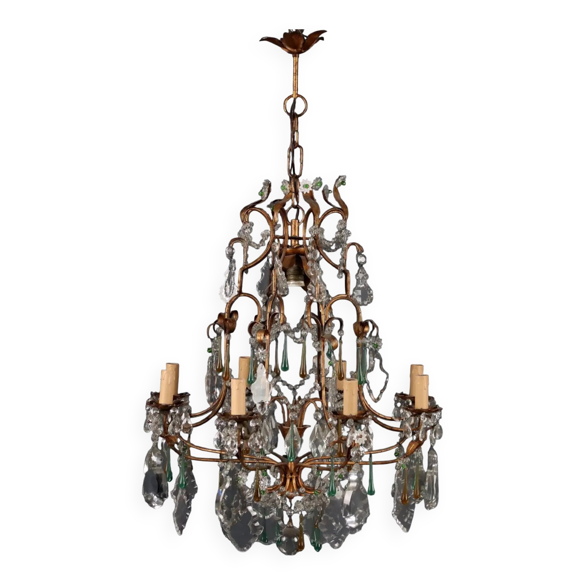 Antique chandelier in gilded iron and glass, Italy, 20th century