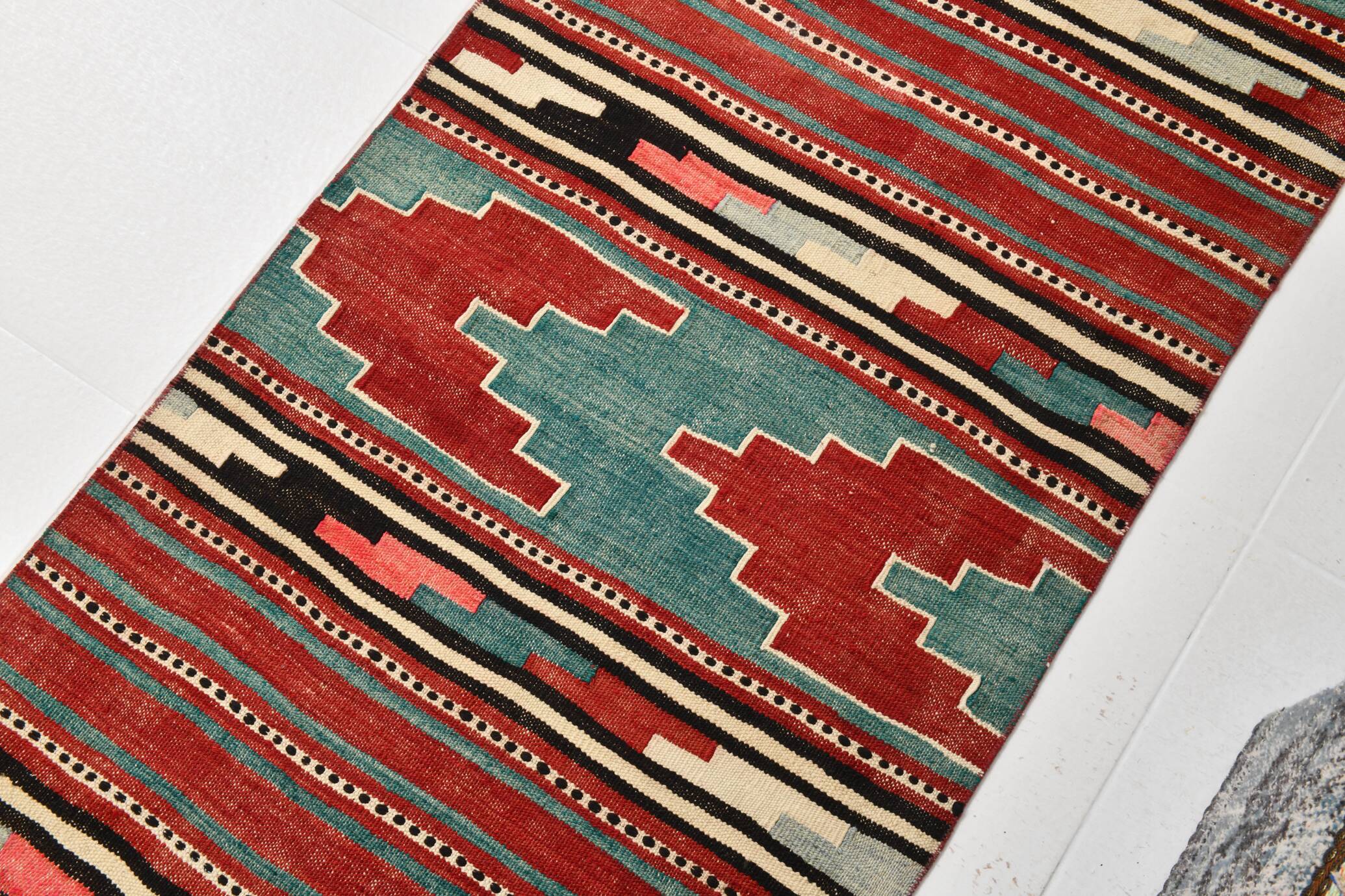 2x13 Green & Red Stair Kilim Runner Rug, 72x387Cm