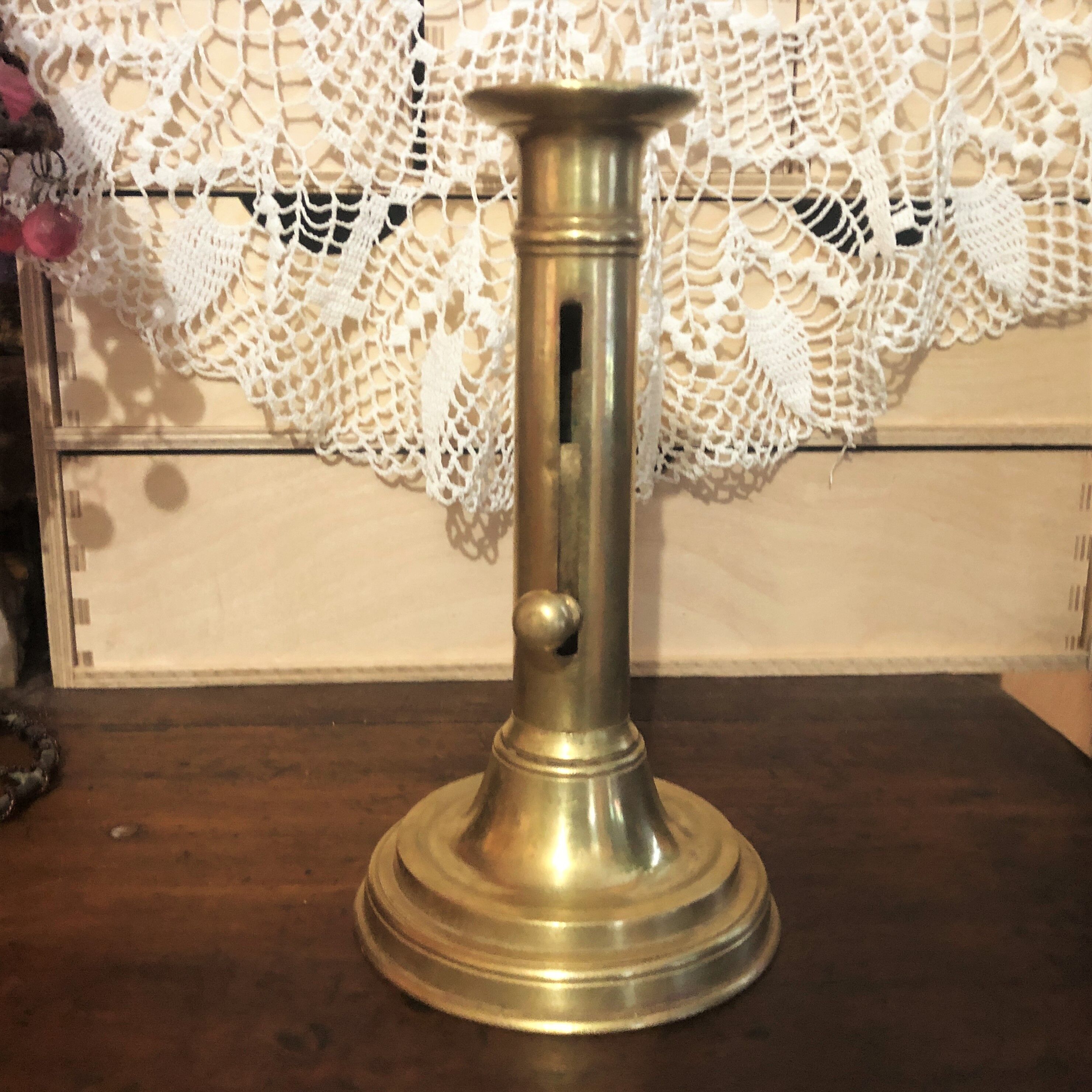 Old gold copper candle holder with pusher