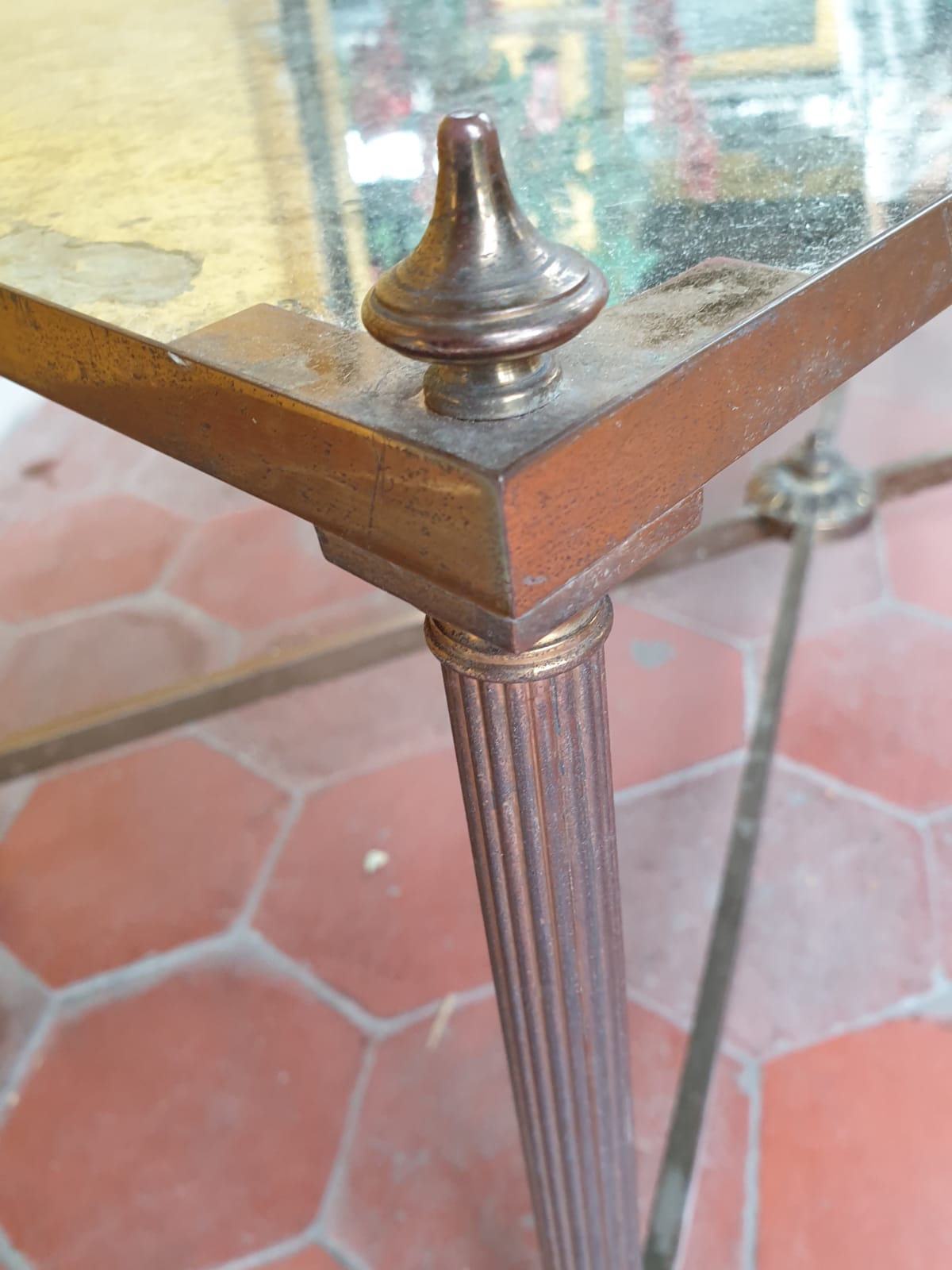 Bronze coffee table and brass oxidized mirror tray
