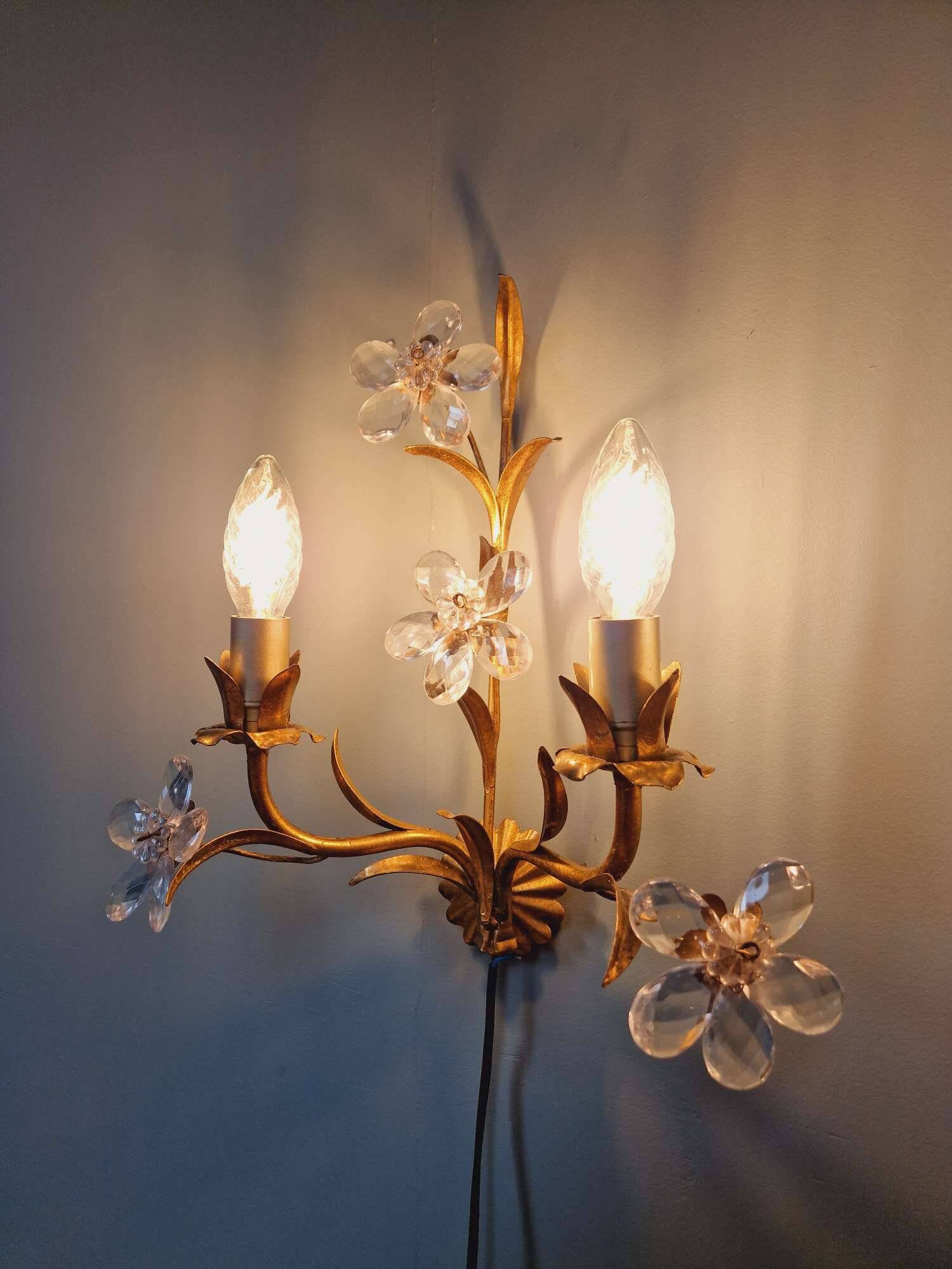 Pair of Italian wall sconces in gilded metal and crystal, 1970s