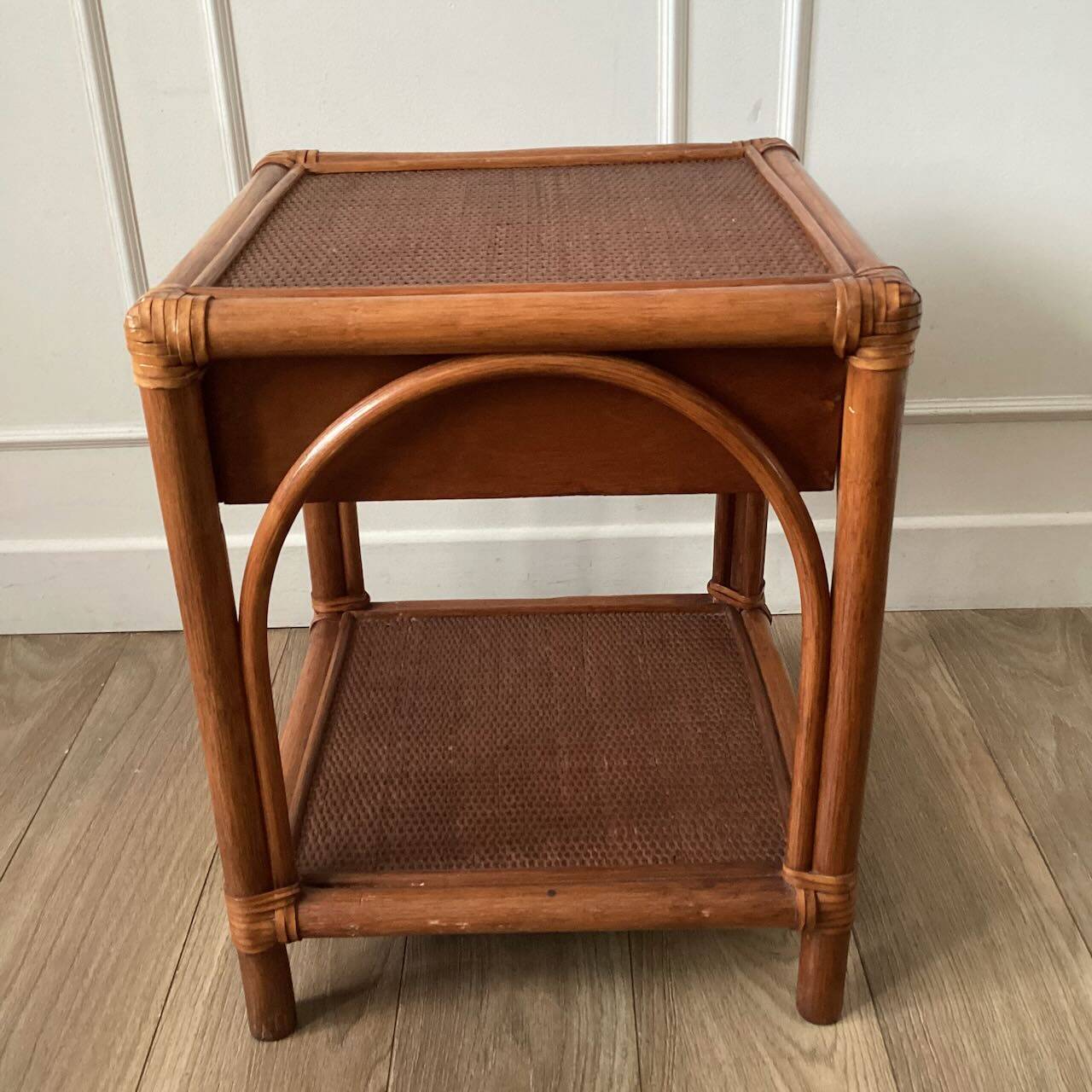 Vintage woven rattan and wicker bedside table