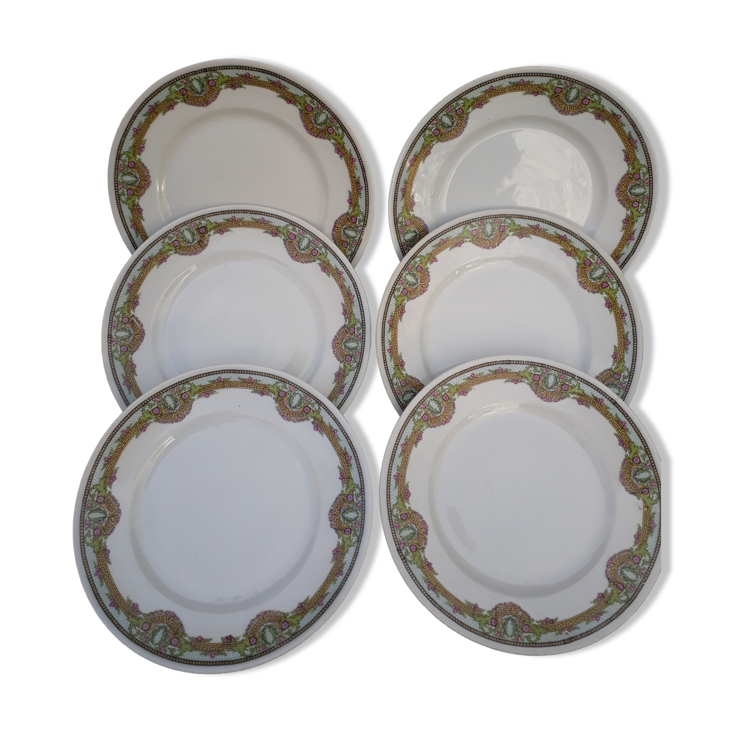Set of 6 plates dessert flowers art deco style, Limoges porcelain