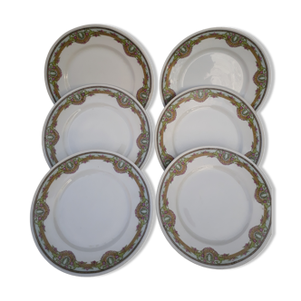 Set of 6 plates dessert flowers art deco style, Limoges porcelain