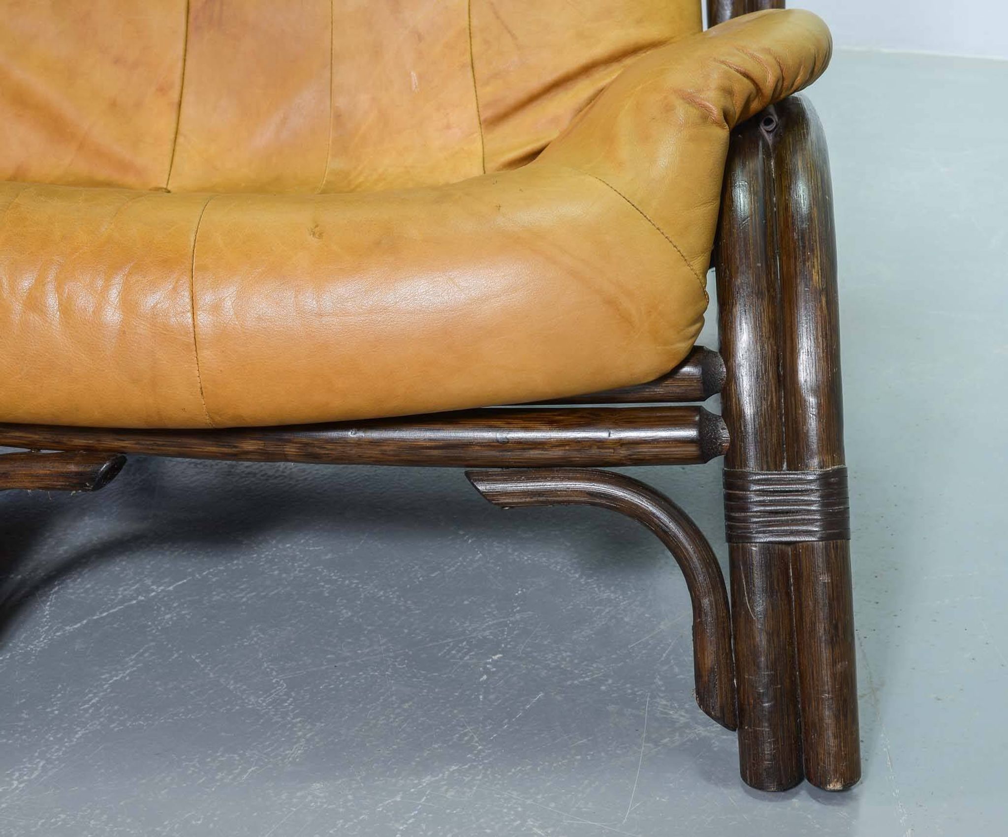 Brutalist Bentwood Love Seat Bamboo Sofa w. Caramel Leather Upholstery, 60s
