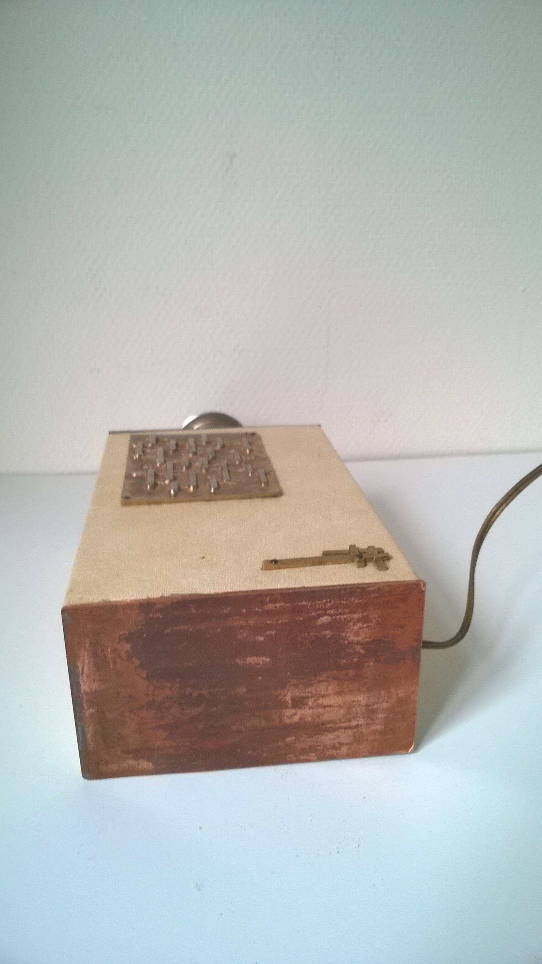 Vintage wooden lamp base covered with skai + brass - Germany c.1970