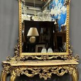 Mirror set with baroque style gilded wood console on marble top.
