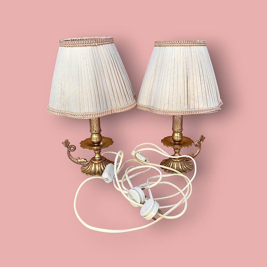 Pair of bedside or side fish lamps in gilded brass