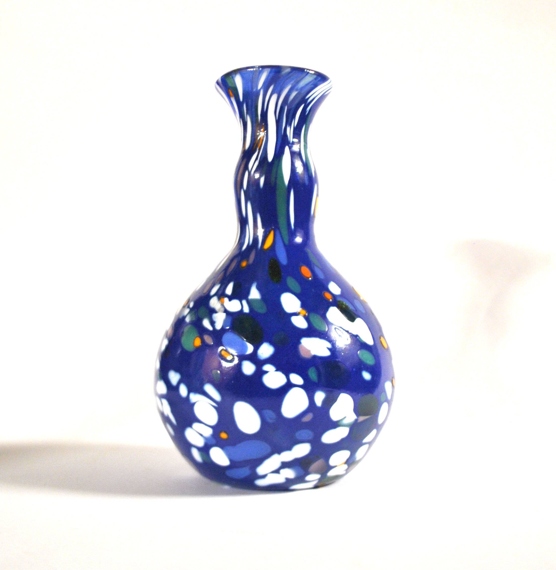 Vintage biot vase in double blown blue glass, coloured dot, design 2000 signed "arnold biot"
