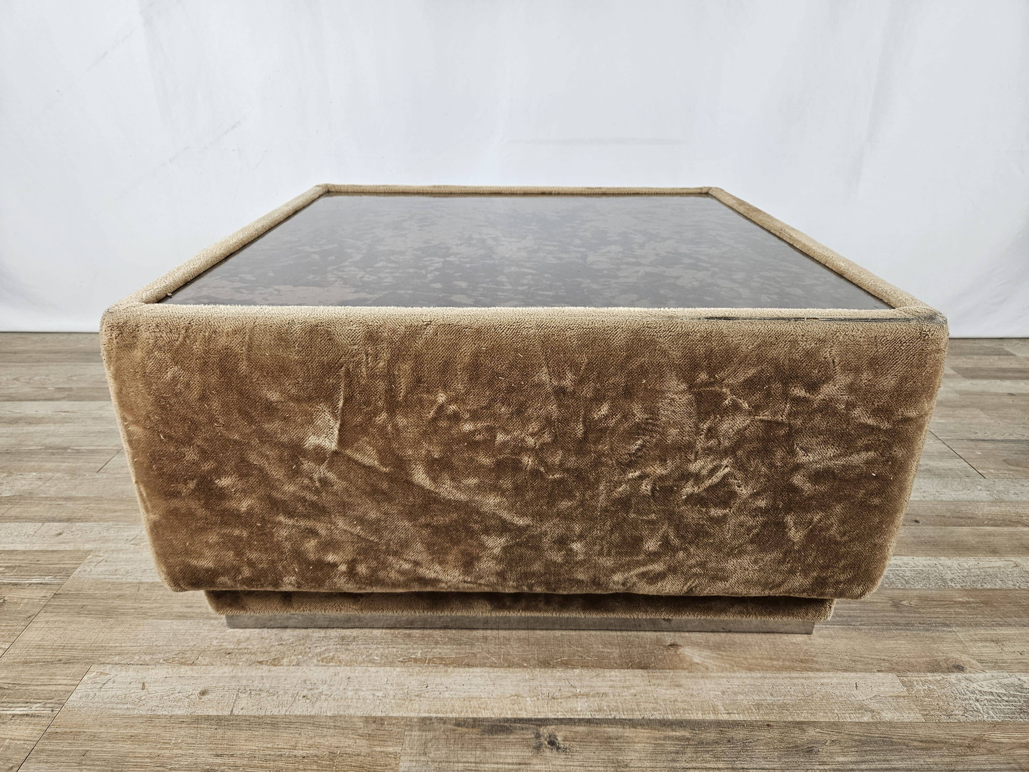 1970s coffee table covered in fabric with glass top