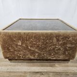 1970s coffee table covered in fabric with glass top