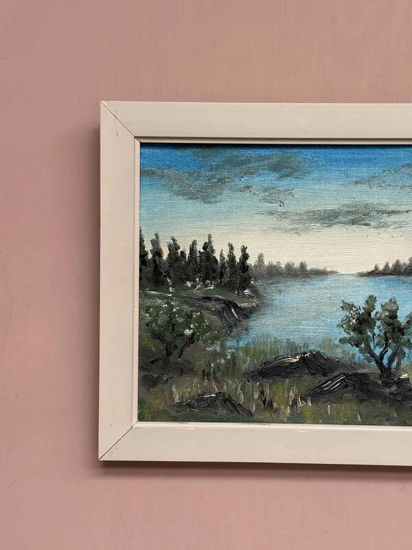 Swedish oil on canvas “Lakeside” attributed to Kulo Green, vintage & framed 29×24cm