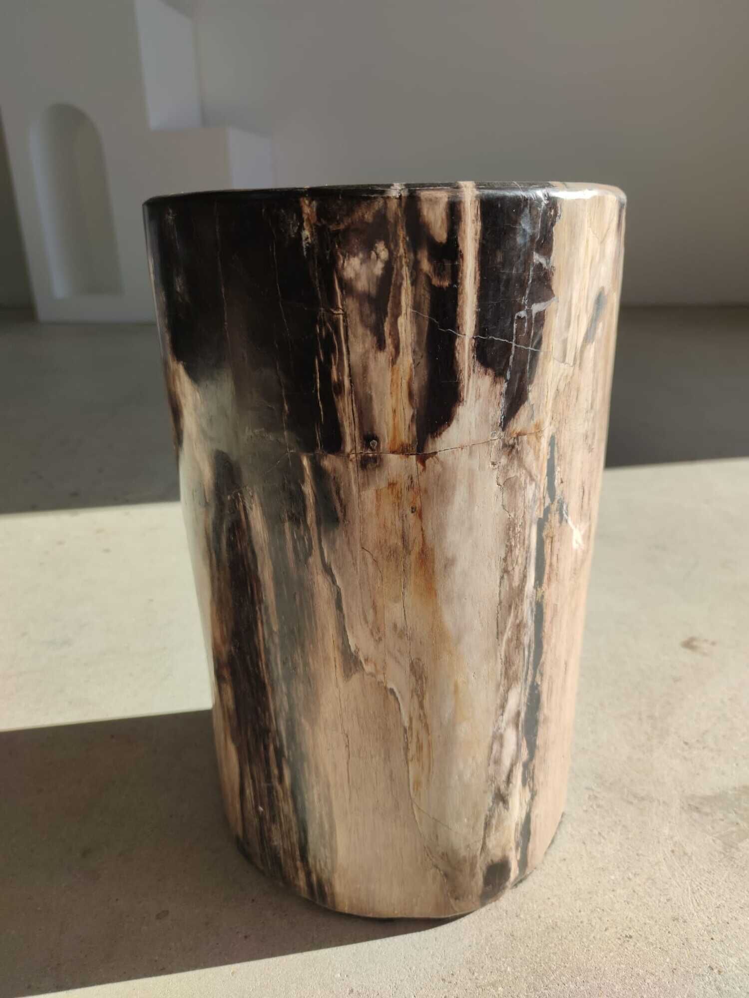 Table d'appoint en bois pétrifié noir et blanc - H:40,5cm D:25cm