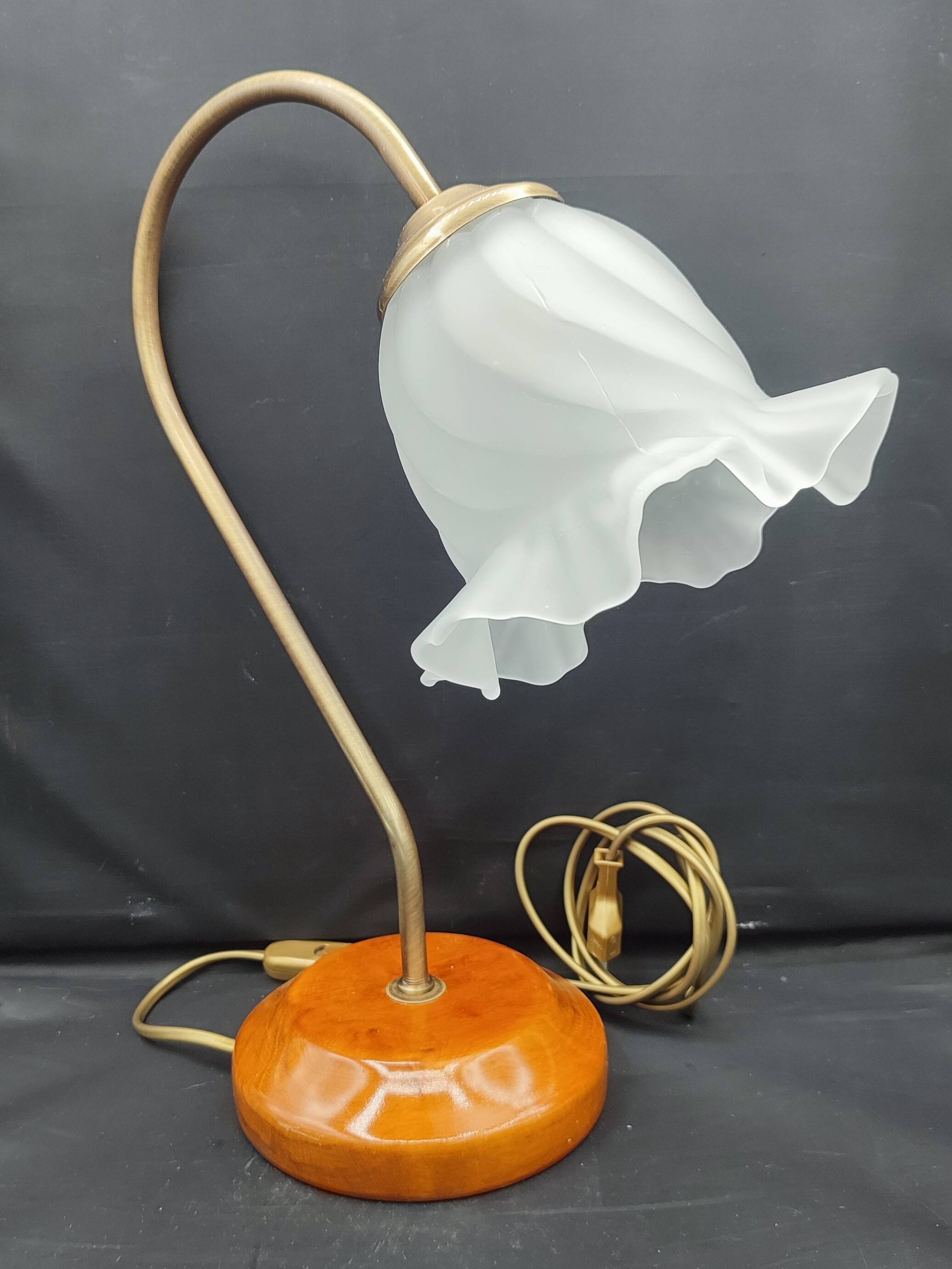 Brass and glass swan neck desk lamp in Art Nouveau style.
