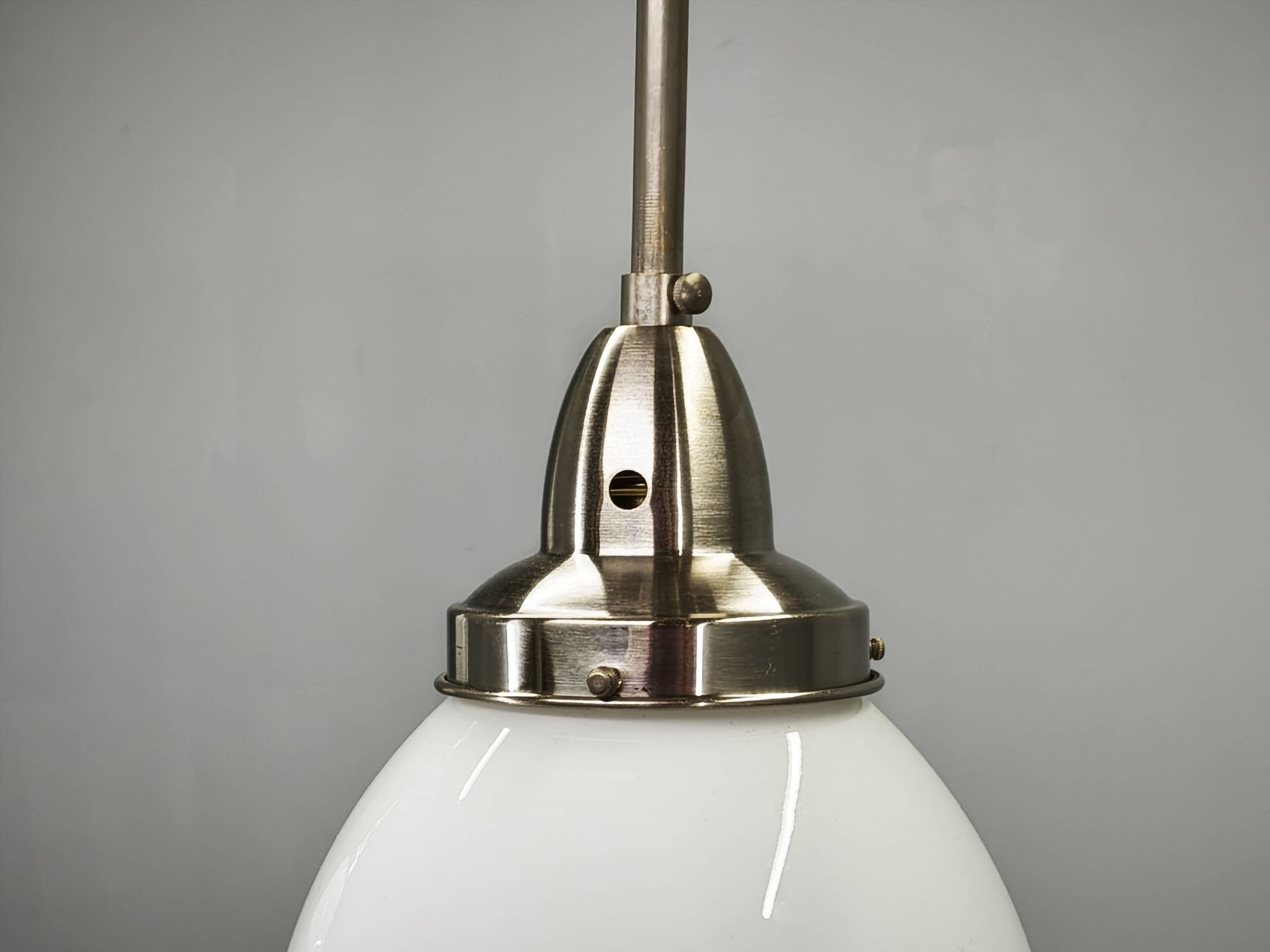 Pair of 1930s Czech Art Deco Opaline Glass and Chrome Pendant Lights