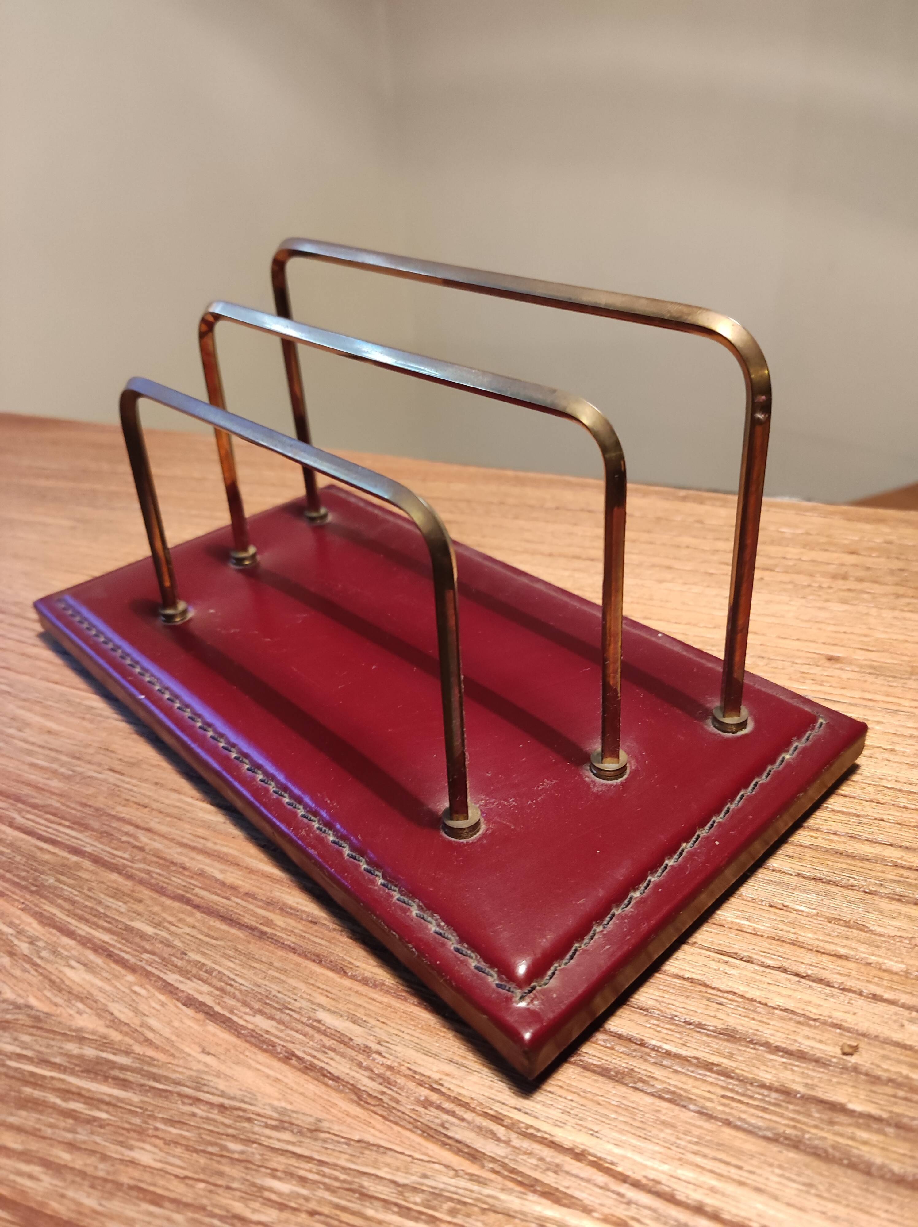 Letter holder sorter mail office leather quilted vintage brass